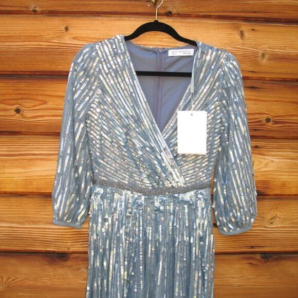Mac Duggal 5509 Womens Blue Sequin Wrap Over 3/4 Sleeve Gown - Picture 7 of 14